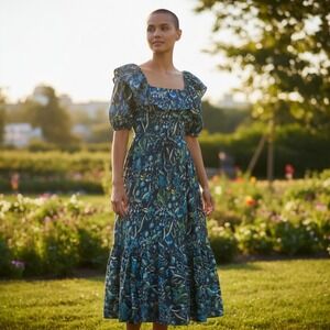 Cella & Flo Square Neck Ruffle Puff Sleeve Maxi Nursing Dress Print Size 10